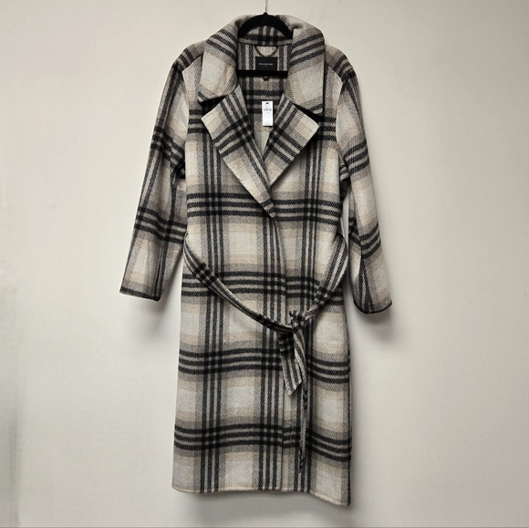 Banana Republic Double Face Wool Blend Tie Waist Wrap Coat White Plaid XL - Picture 4 of 10